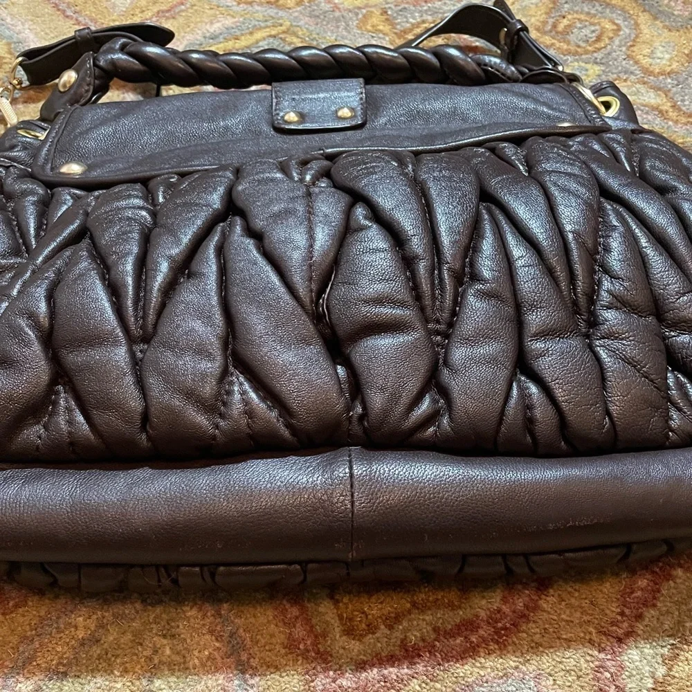 Besso Italian Genuine Leather Chocolate Brown Quilted Shoulder Bag 16”x12”
